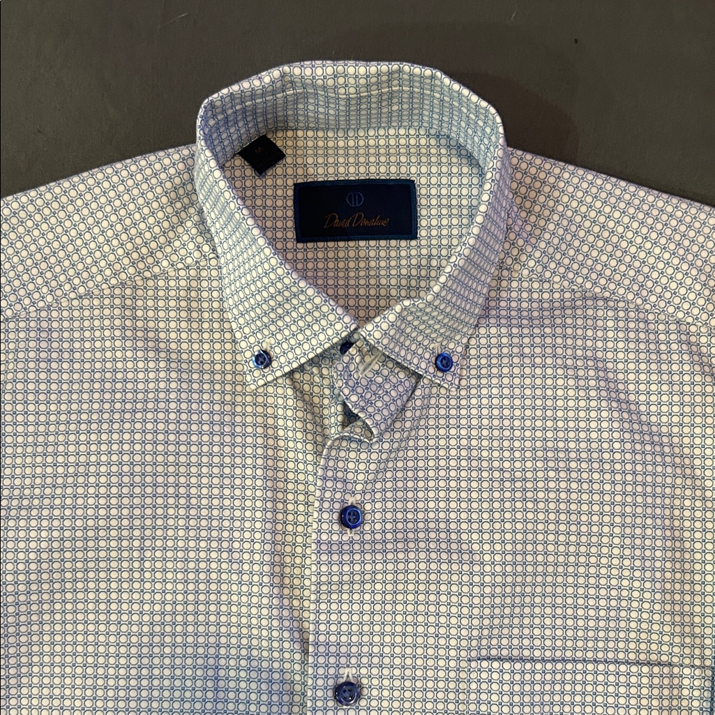 David Donahue White And Blue Geometric Mens Shirt
